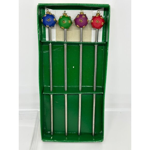 Vintage Christmas Ornament Cocktail Swizzle Sticks | Set of 4 Metal Barware - Picture 3 of 7